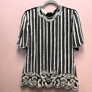 LAURENCE KAZAR vintage sequin & beaded black & white floral silk blouse M
